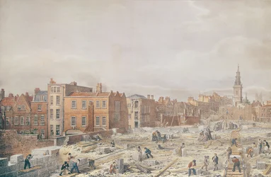 Widok na północne podejście do mostu londyńskiego w trakcie budowy